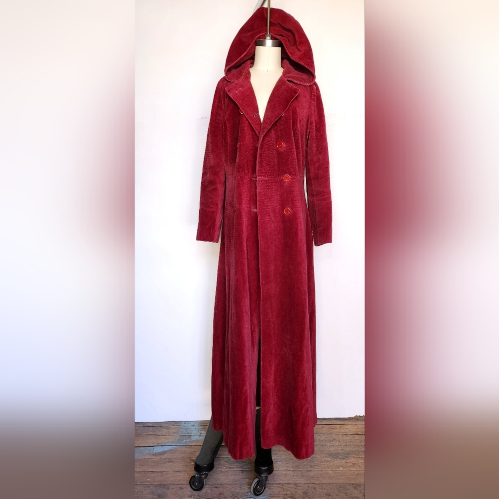 Vintage Hooded RED Corduroy Coat Floor Length Hooded Coat Red Riding Hood 70s - Picture 2 of 14